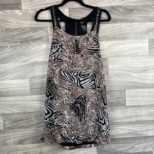 Guess Mini Dress Women's 5 Black Brown Animal Print Wide Straps Back Zip Beaded